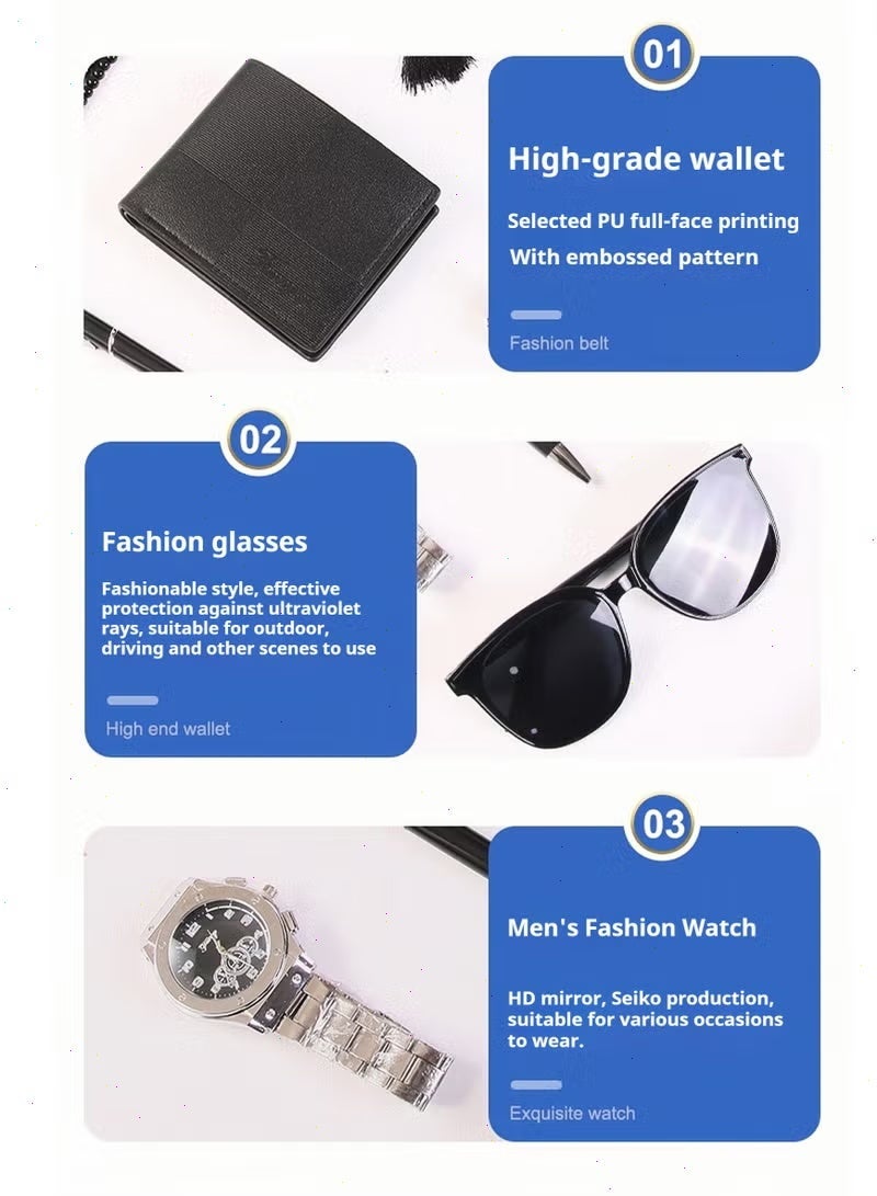 Yoawllty Men's Gift Set: Luxury Six-Piece Elegant Gift Box for Gentlemen—Includes Watch, Sunglasses, Leather Wallet, Fountain Pen, Bracelet, and Electronic Counter. Perfect for Valentine's Day, Father's Day, Birthdays, and Anniversaries. - Image 5